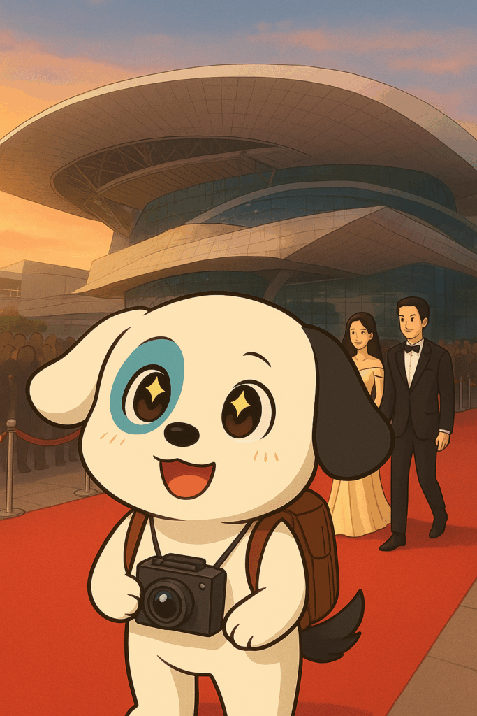 KUI der Zeichentrickhund von KuniteD mit Fotoapperat und Rucksack beim Roten Teppich des Busan Cinema Centers