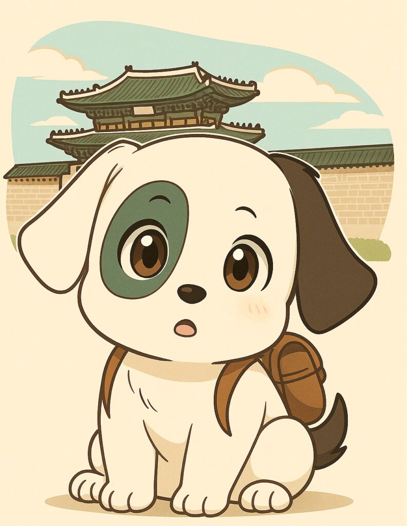 KUI mit Reiserucksack und erstauntem Gesicht, dass die Reise aus Korea bereits vorbei ist.